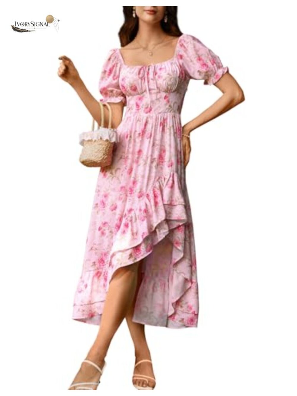 Floral Corset Chiffon Sundress Off Shoulder Puff Sleeve Wedding Guest